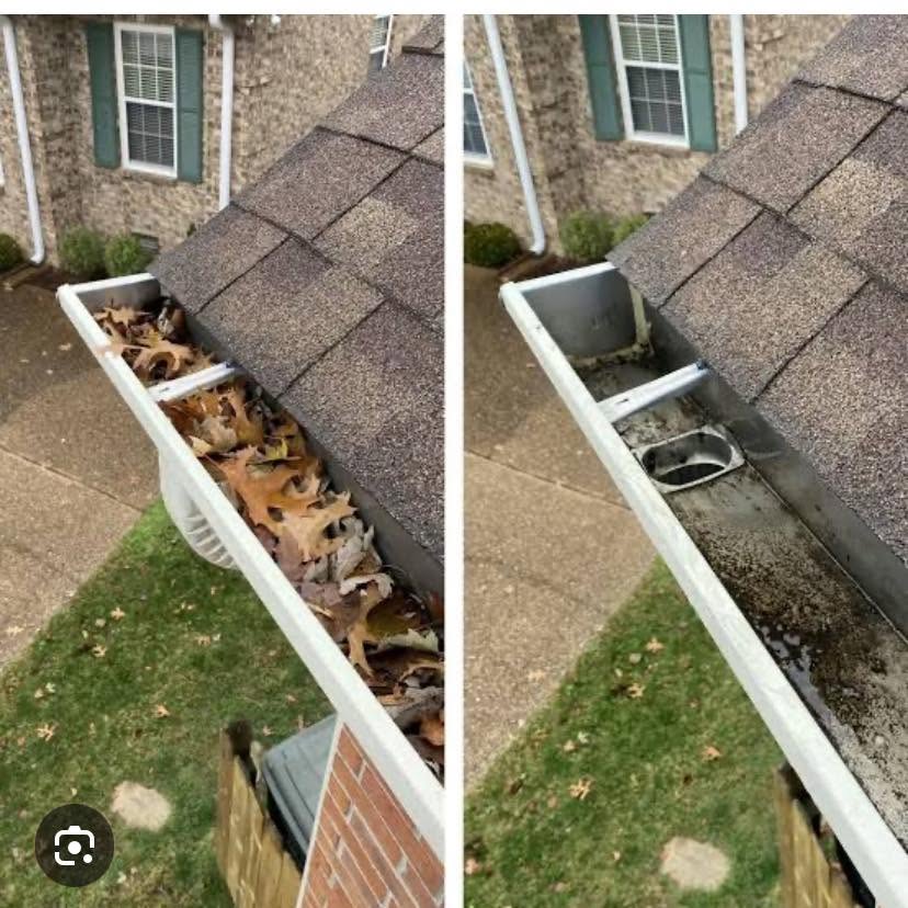 Gutters and fascias being cleaned from a ladder